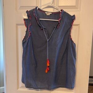 Boden Blue Blouse with Pink and Orange Tassel and Fringe Accents